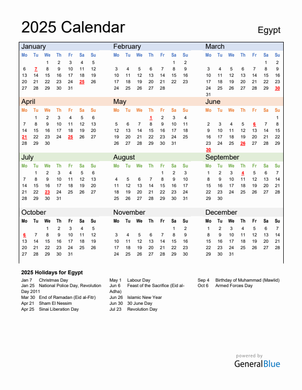 Calendar 2025 with Egypt Holidays