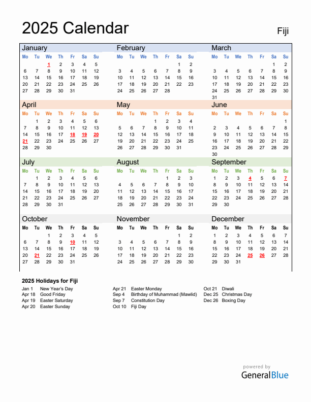 Calendar 2025 with Fiji Holidays