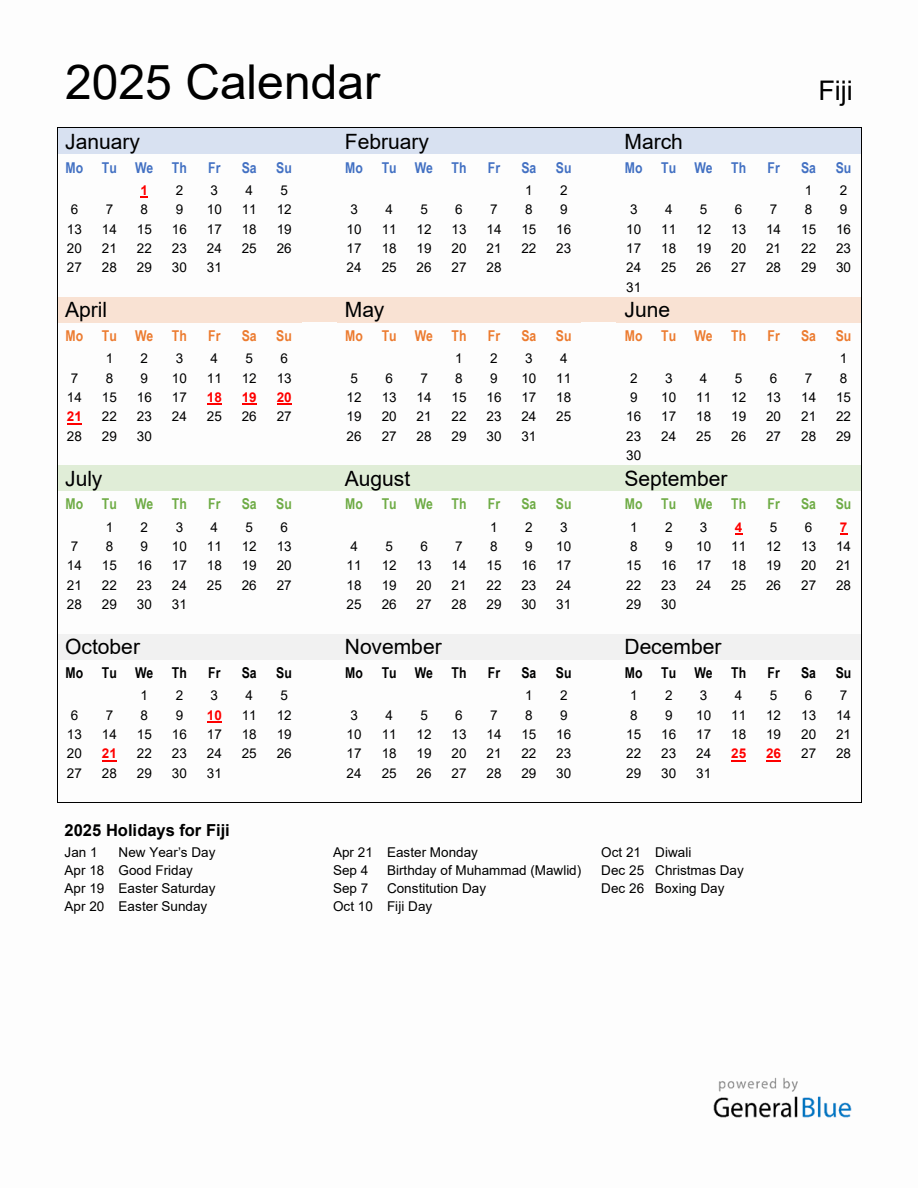 Annual Calendar 2025 with Fiji Holidays - Monday Start
