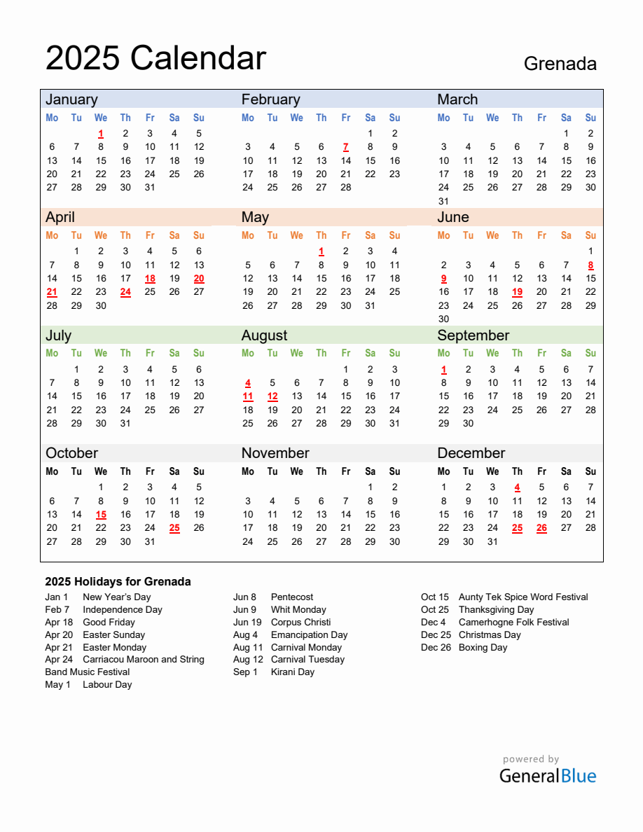 Annual Calendar 2025 with Grenada Holidays