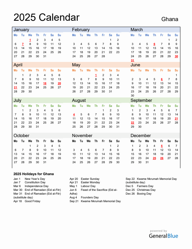 Calendar 2025 with Ghana Holidays