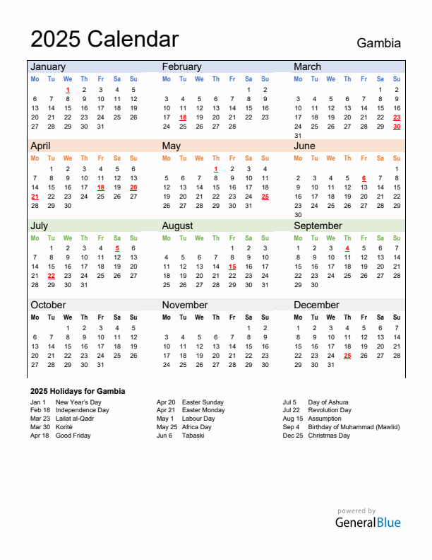 Calendar 2025 with Gambia Holidays