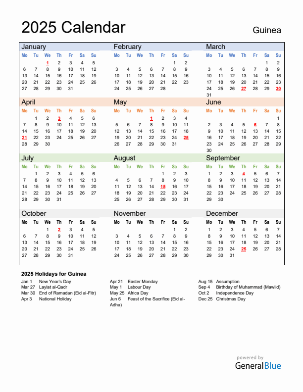 Calendar 2025 with Guinea Holidays