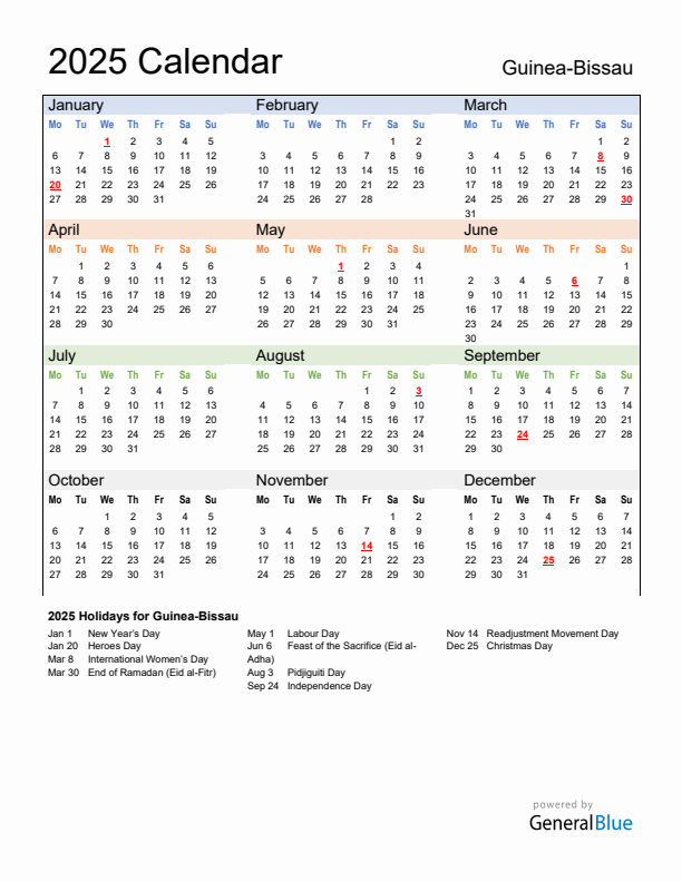 Calendar 2025 with Guinea-Bissau Holidays
