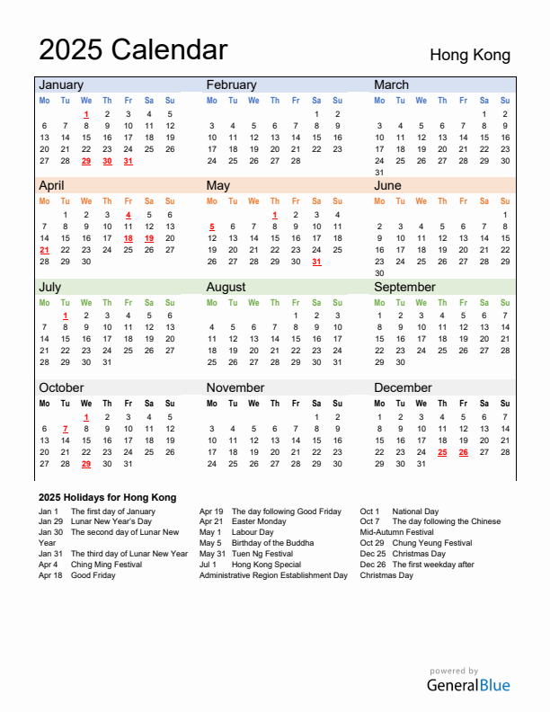 Calendar 2025 with Hong Kong Holidays