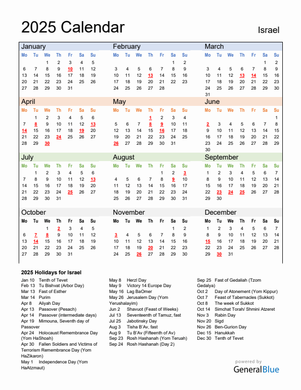 Calendar 2025 with Israel Holidays