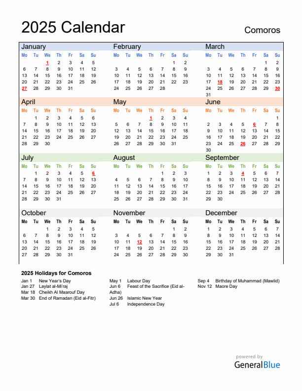 Calendar 2025 with Comoros Holidays