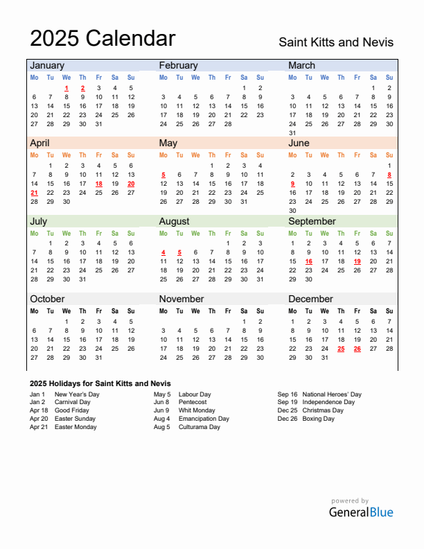 Calendar 2025 with Saint Kitts and Nevis Holidays