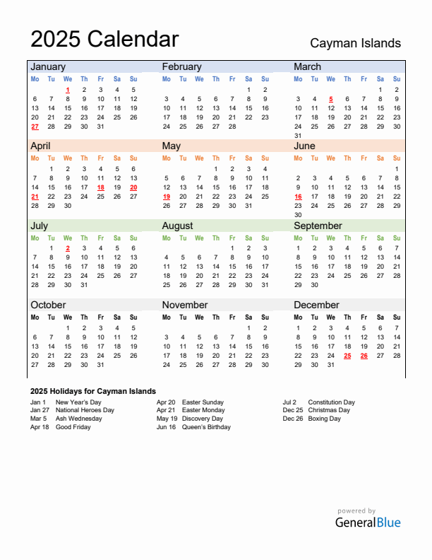 Calendar 2025 with Cayman Islands Holidays