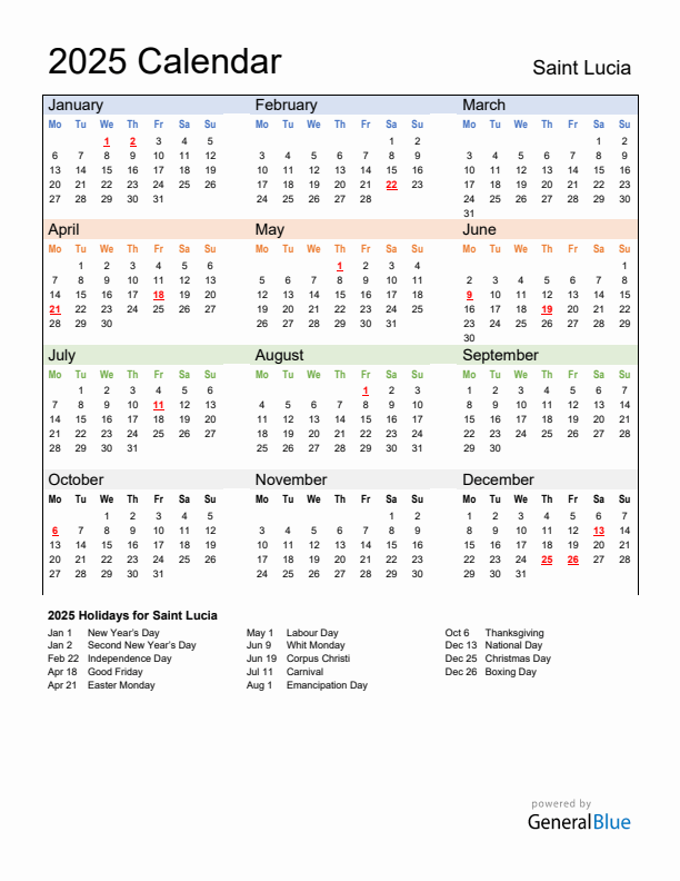 Calendar 2025 with Saint Lucia Holidays