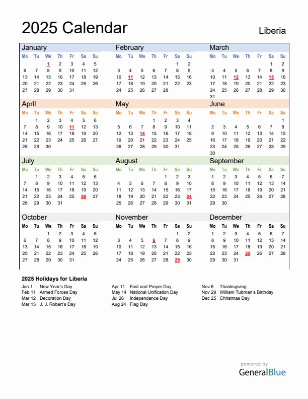 Calendar 2025 with Liberia Holidays