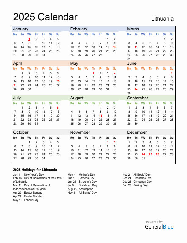 Calendar 2025 with Lithuania Holidays