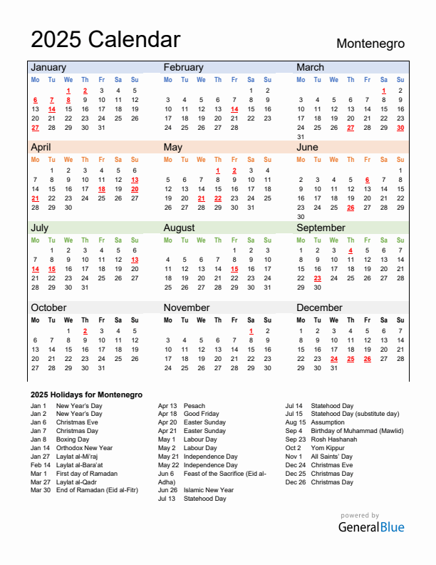 Calendar 2025 with Montenegro Holidays