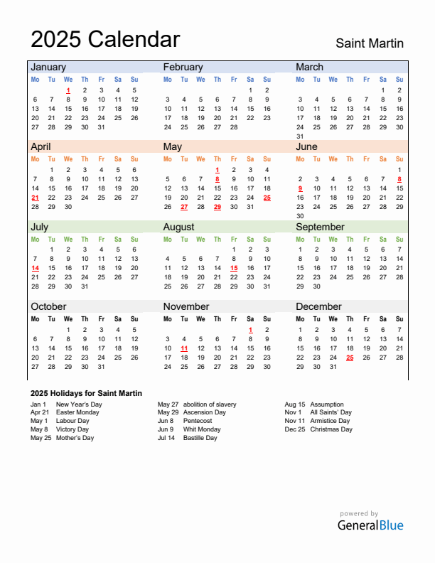 Calendar 2025 with Saint Martin Holidays