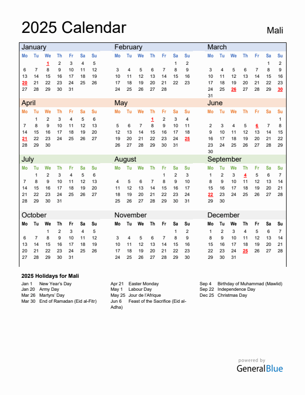 Calendar 2025 with Mali Holidays