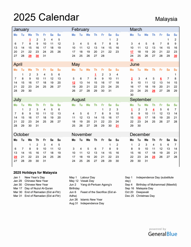 Calendar 2025 with Malaysia Holidays