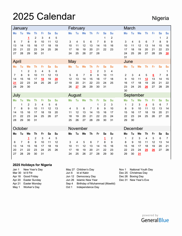 Calendar 2025 with Nigeria Holidays