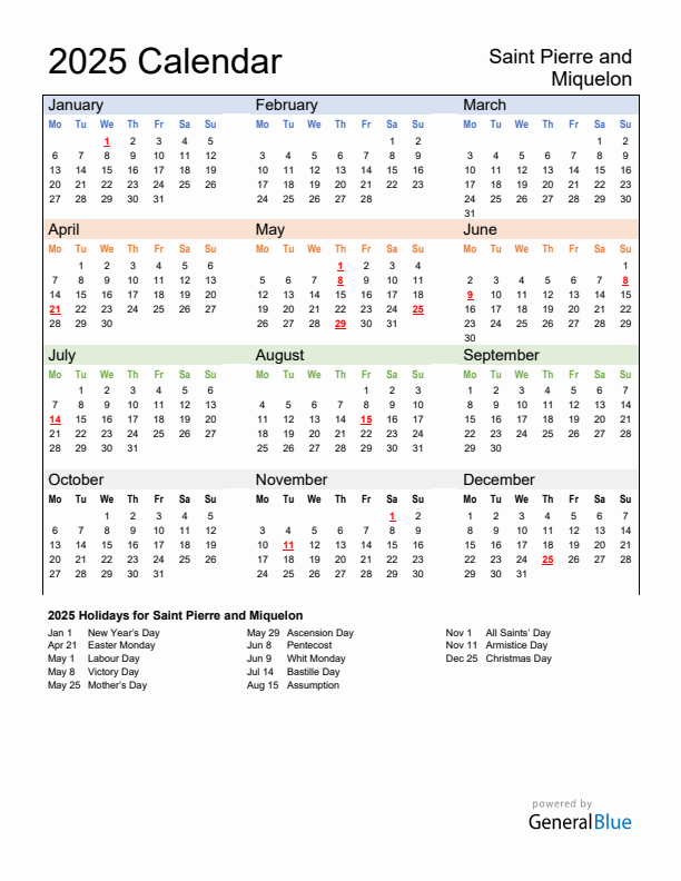 Calendar 2025 with Saint Pierre and Miquelon Holidays
