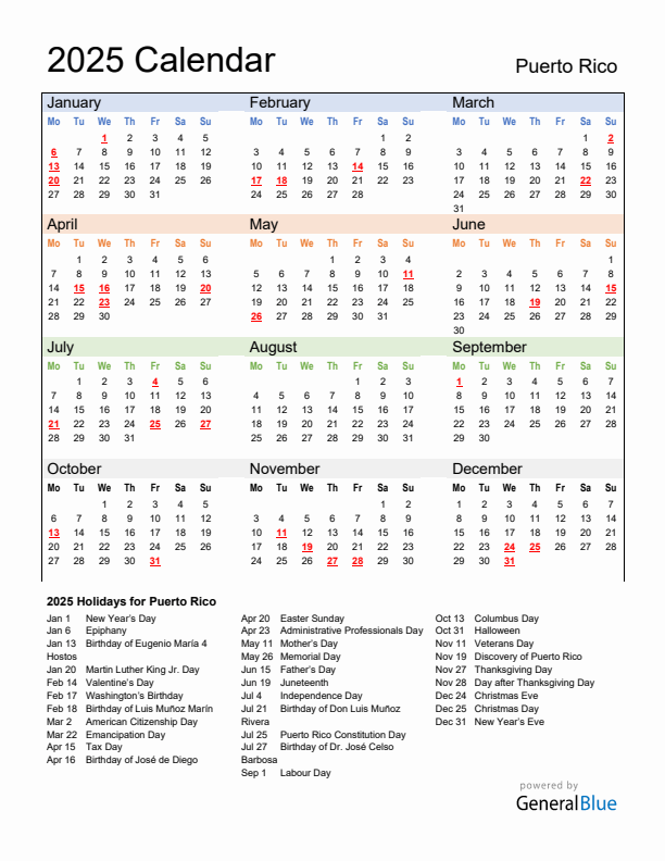 Calendar 2025 with Puerto Rico Holidays