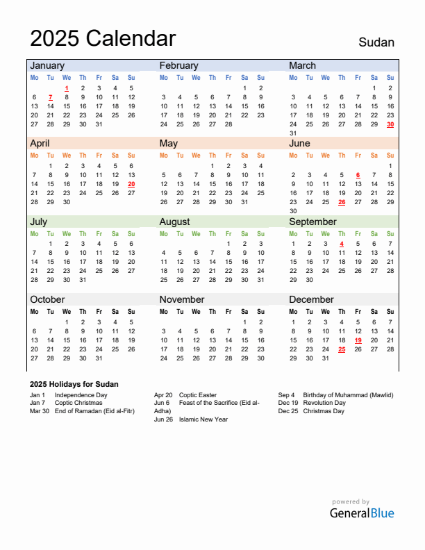 Calendar 2025 with Sudan Holidays