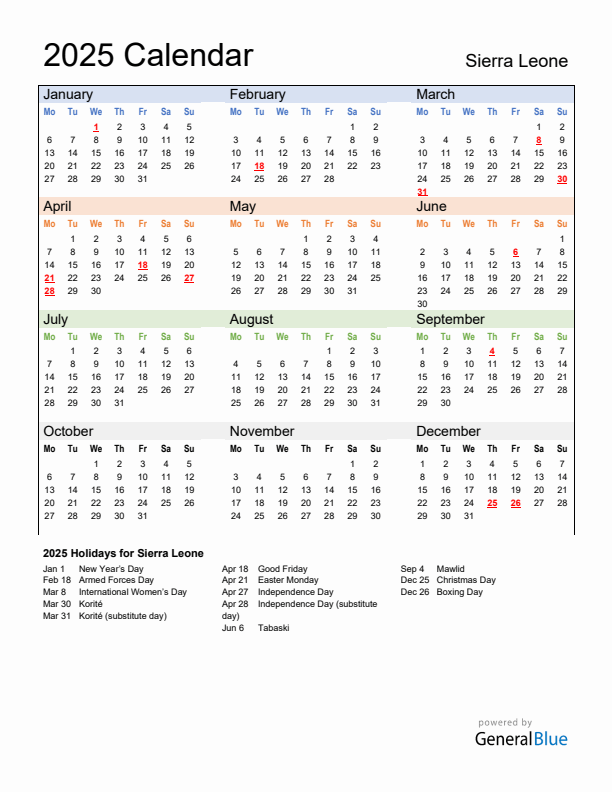 Calendar 2025 with Sierra Leone Holidays