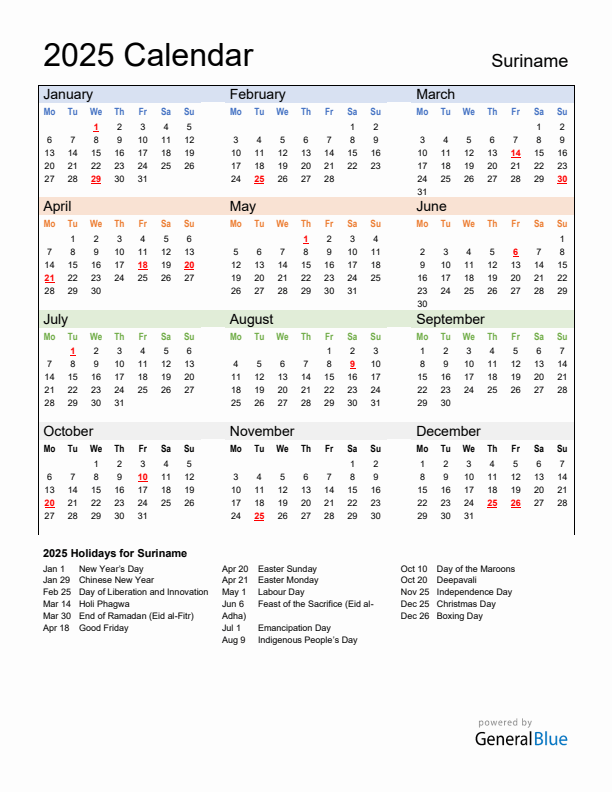 Calendar 2025 with Suriname Holidays