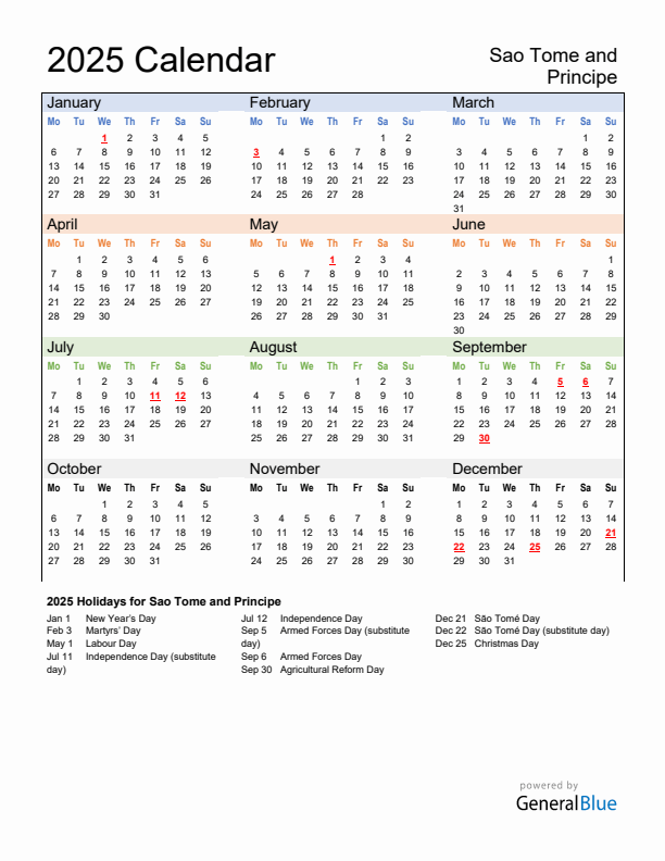 Calendar 2025 with Sao Tome and Principe Holidays