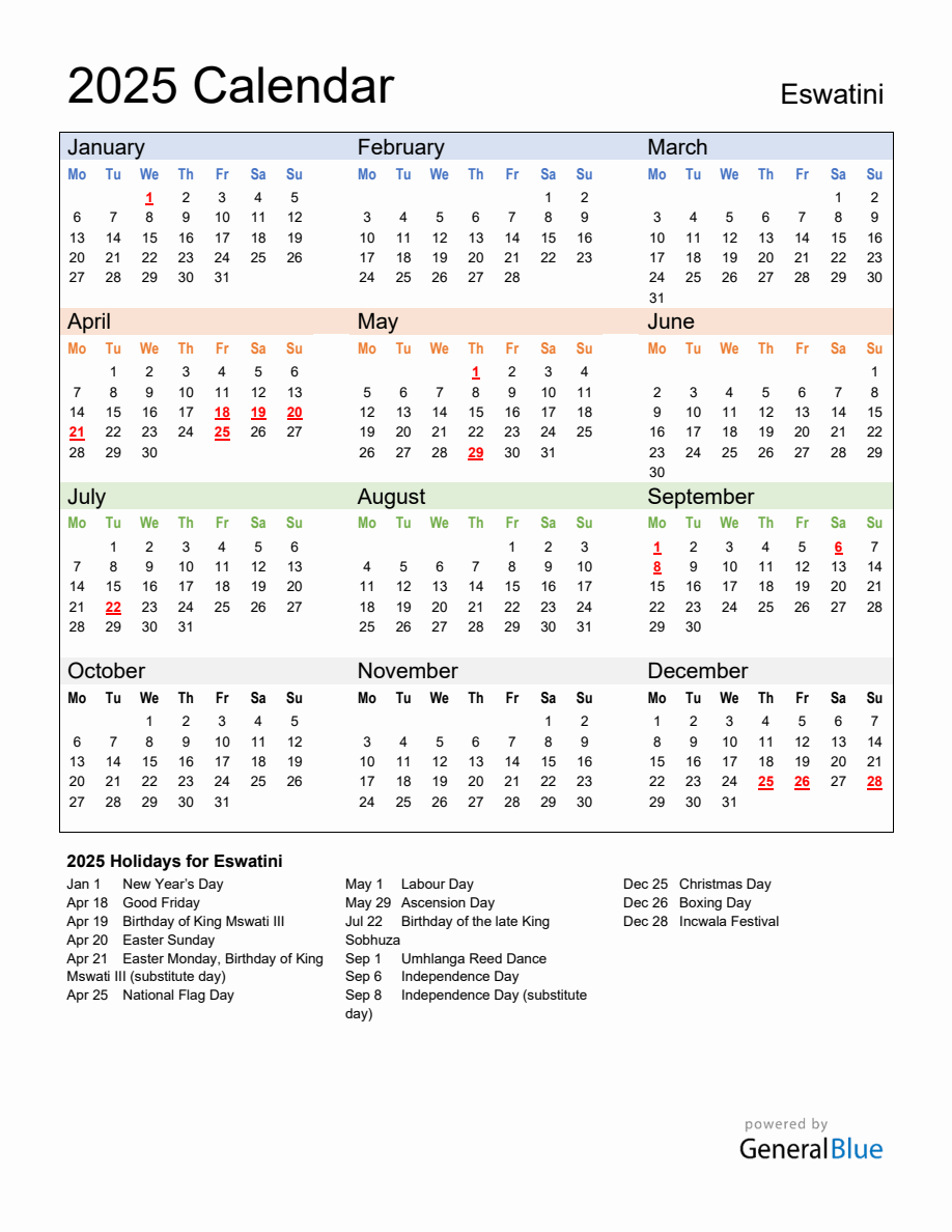 Annual Calendar 2025 with Eswatini Holidays - Monday Start