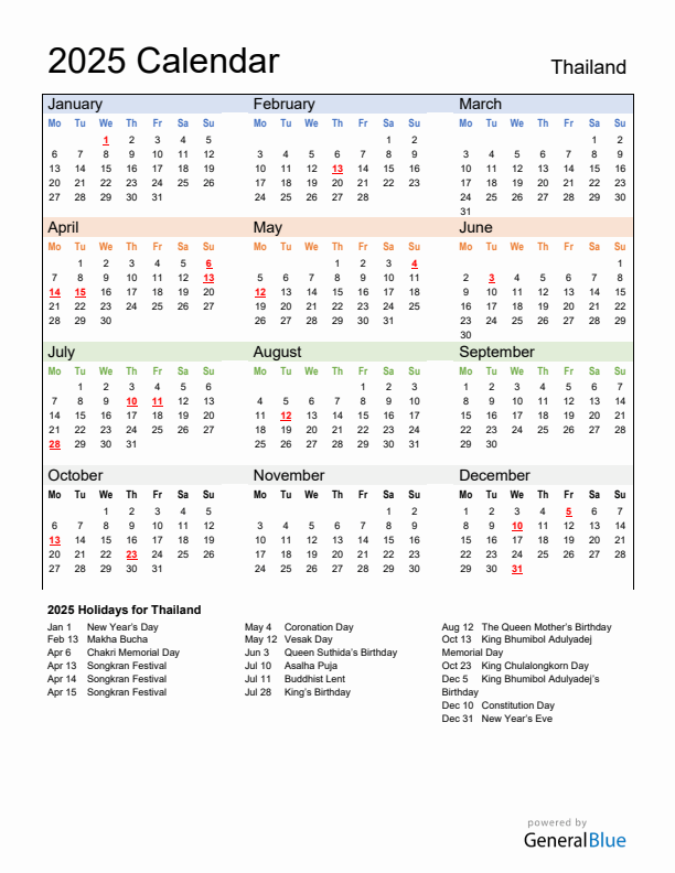 Calendar 2025 with Thailand Holidays
