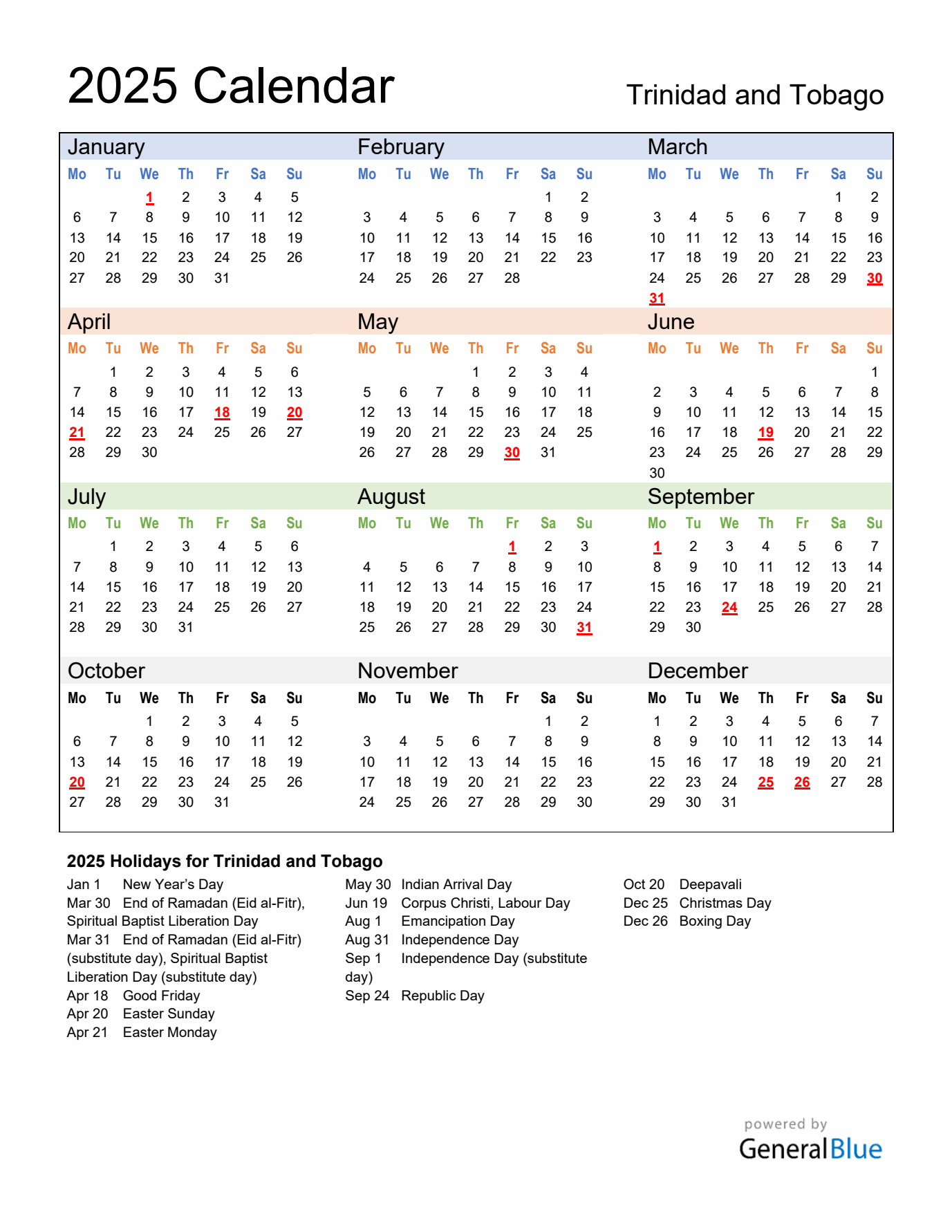Calendar 2025 with Trinidad and Tobago Holidays