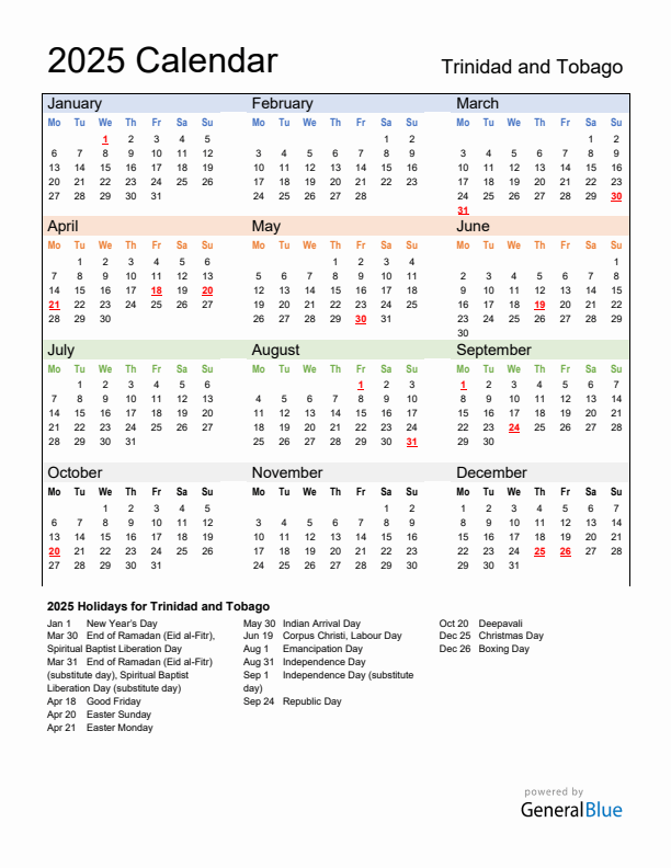 Calendar 2025 with Trinidad and Tobago Holidays