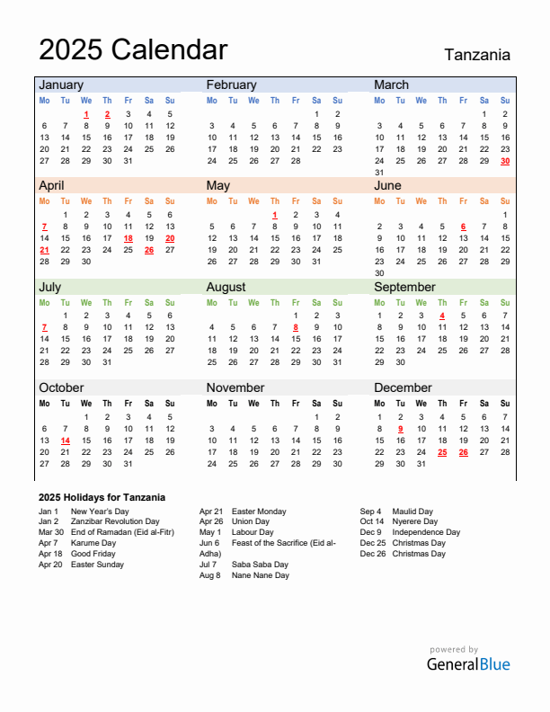 2025 Tanzania Calendar with Holidays