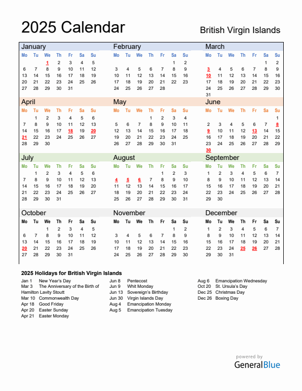 Calendar 2025 with British Virgin Islands Holidays