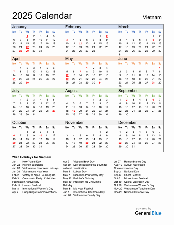 Calendar 2025 with Vietnam Holidays