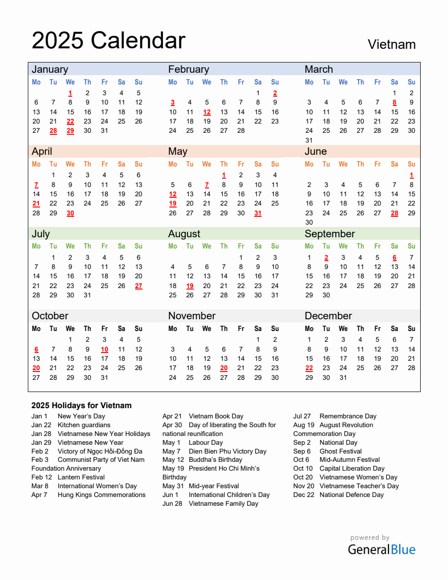 Annual Calendar 2025 with Vietnam Holidays