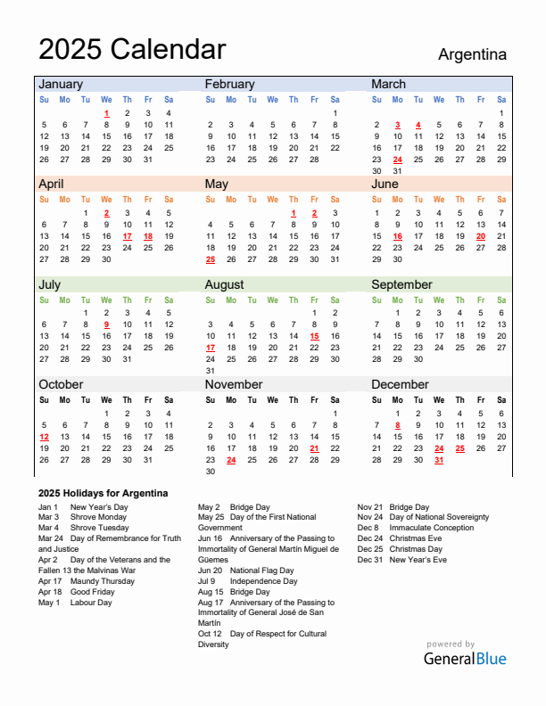 Calendar 2025 with Argentina Holidays