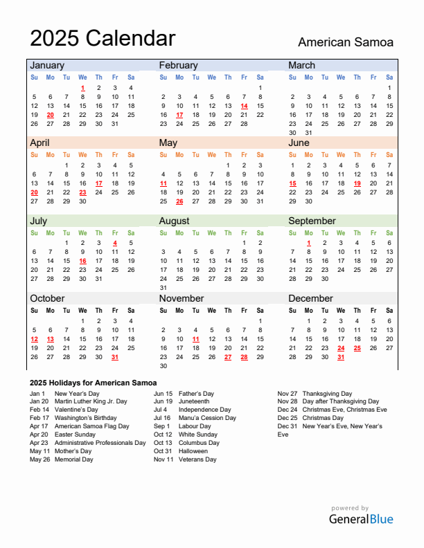 Calendar 2025 with American Samoa Holidays