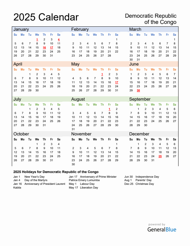 Calendar 2025 with Democratic Republic of the Congo Holidays