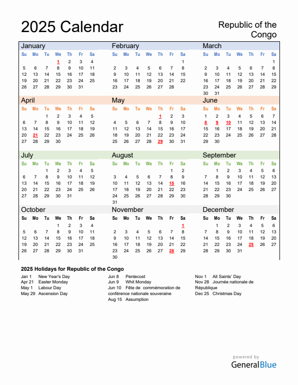 Calendar 2025 with Republic of the Congo Holidays