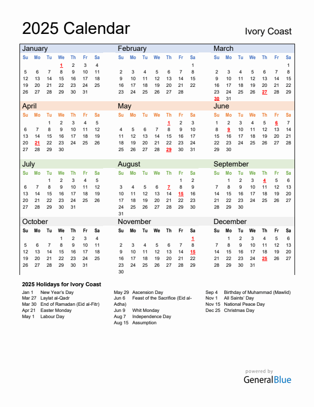 Calendar 2025 with Ivory Coast Holidays
