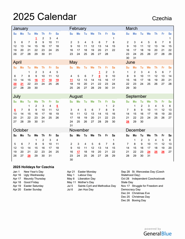 Calendar 2025 with Czechia Holidays