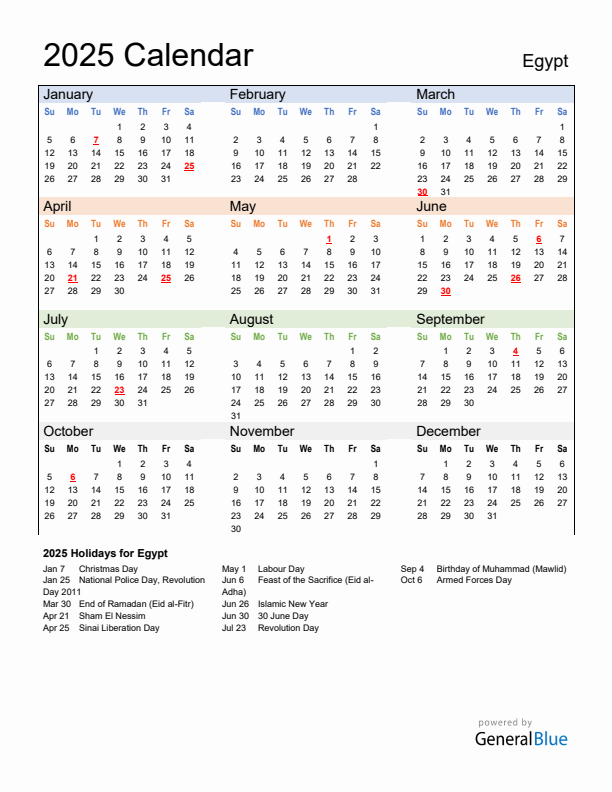 Calendar 2025 with Egypt Holidays