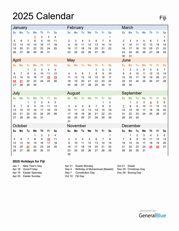 Calendar 2025 with Fiji Holidays
