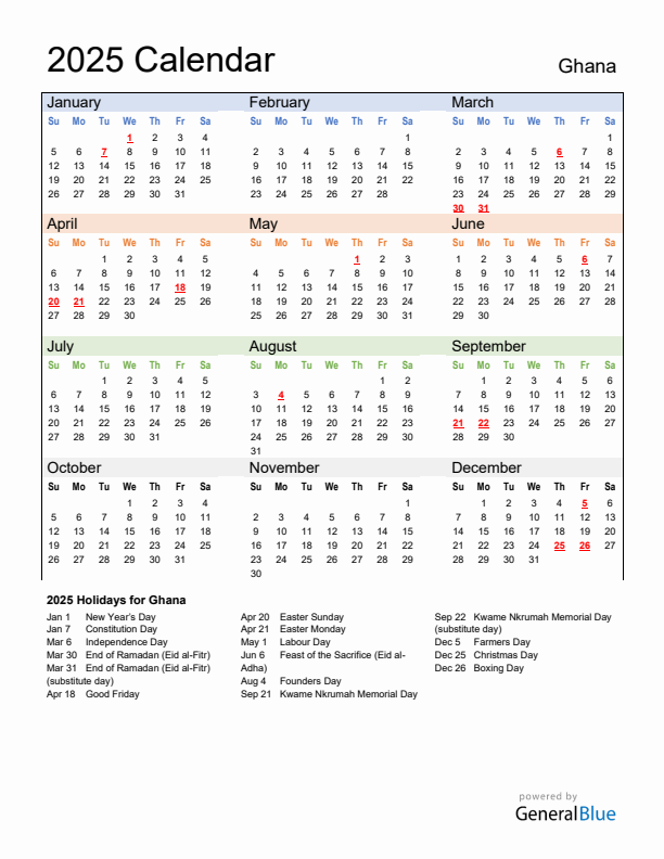 Calendar 2025 with Ghana Holidays