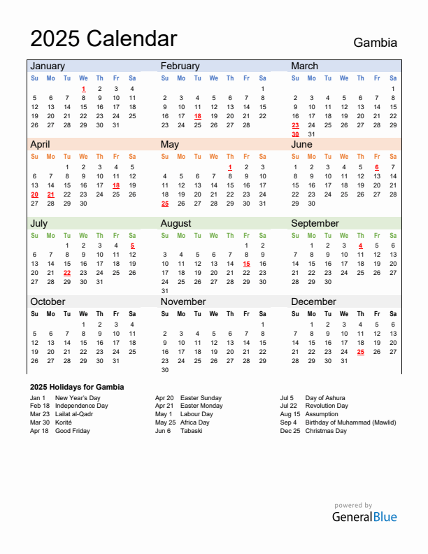 Calendar 2025 with Gambia Holidays