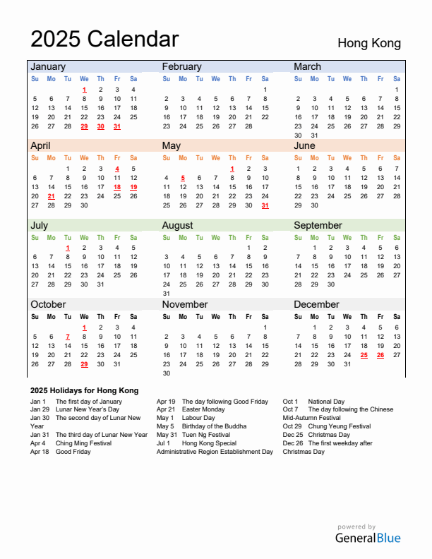 Calendar 2025 with Hong Kong Holidays