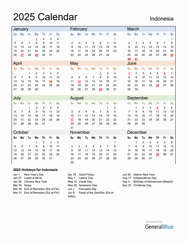 Calendar 2025 with Indonesia Holidays
