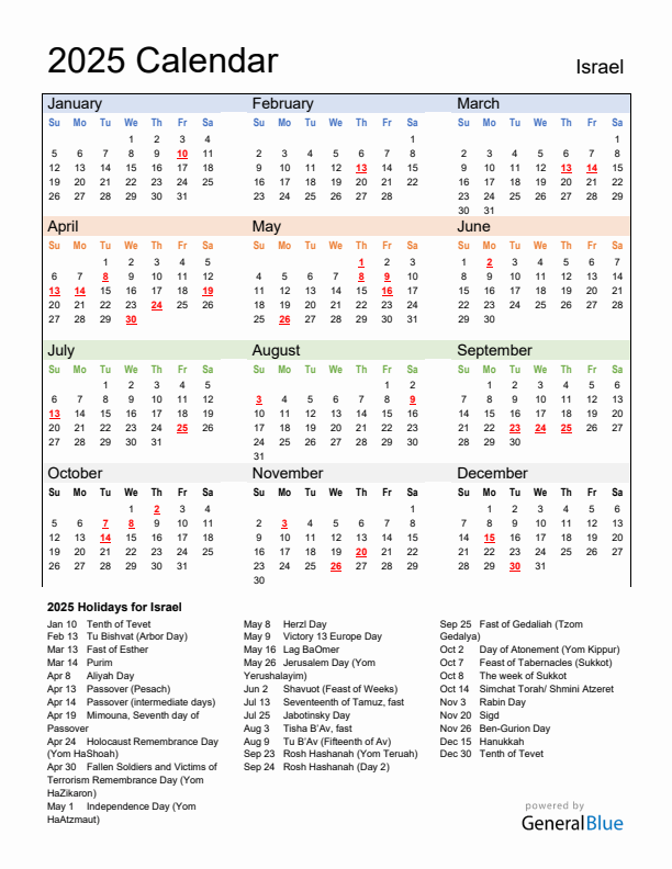 Calendar 2025 with Israel Holidays