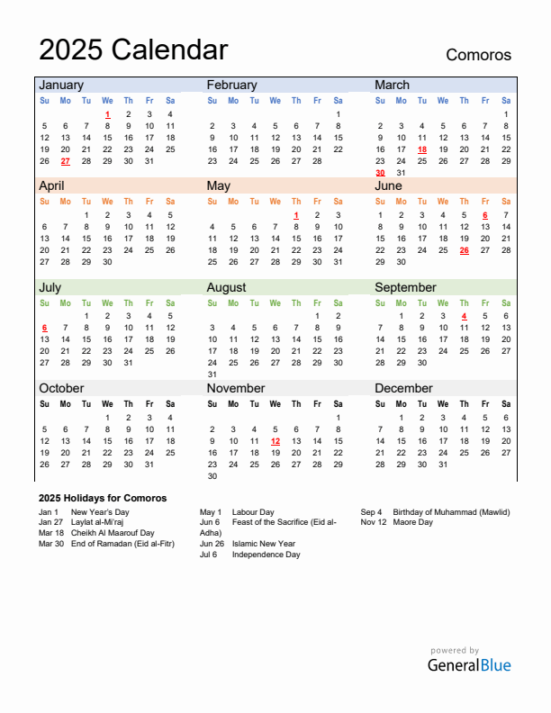 Calendar 2025 with Comoros Holidays