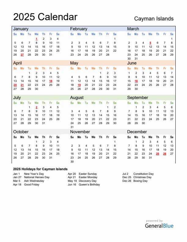Calendar 2025 with Cayman Islands Holidays